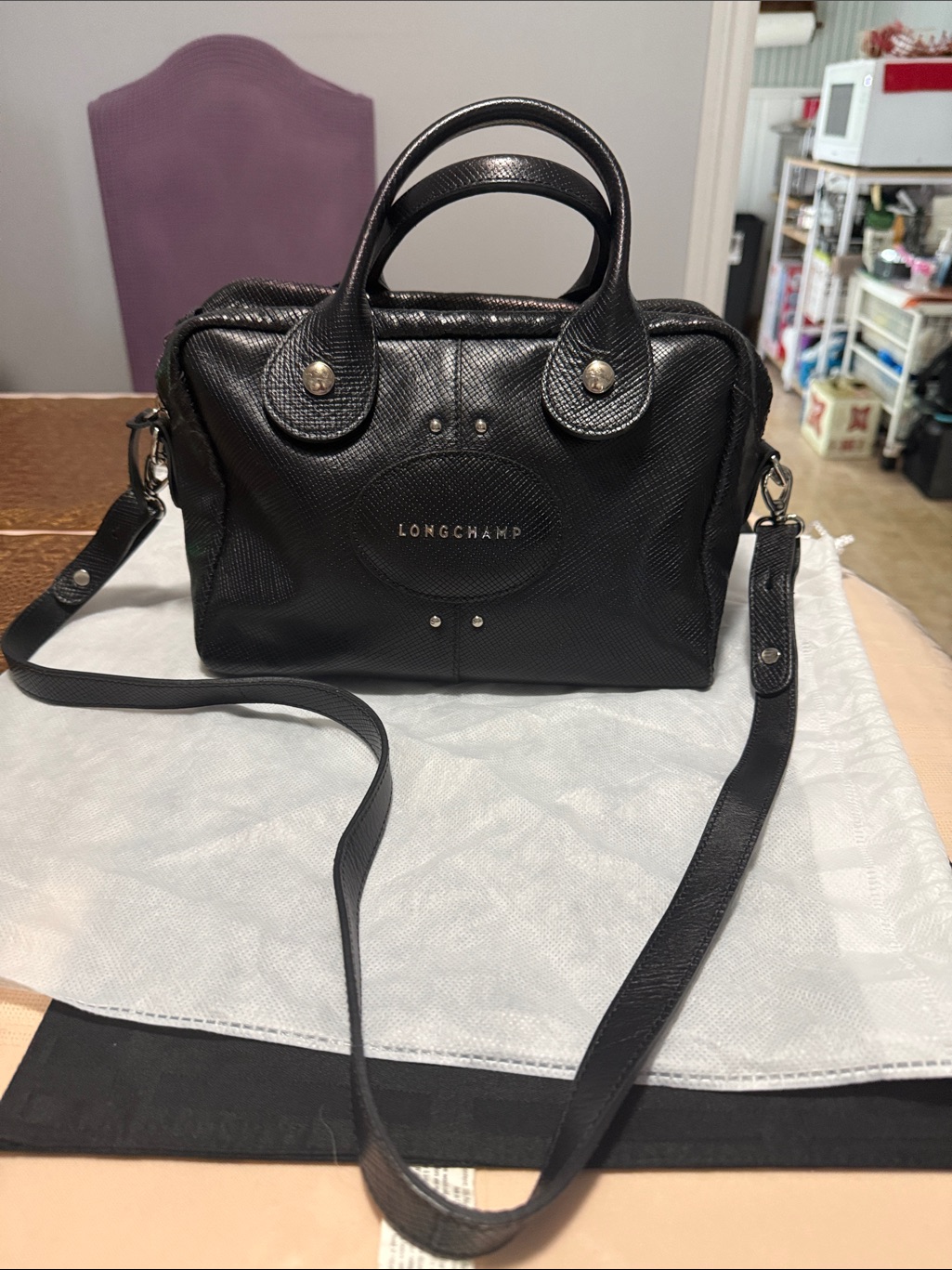 Authentic Longchamp Black Textured Leather Satchel With Detachable Strap